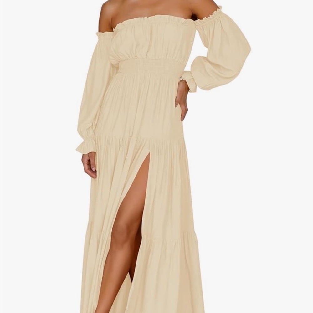 Off-Shoulder Cream Maxi Dress with High Slit